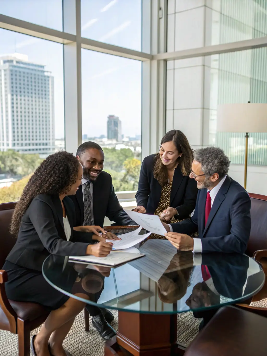 A diverse group of lawyers collaborating in a modern office, symbolizing the comprehensive legal support offered by Johnson & Morales Law Group.