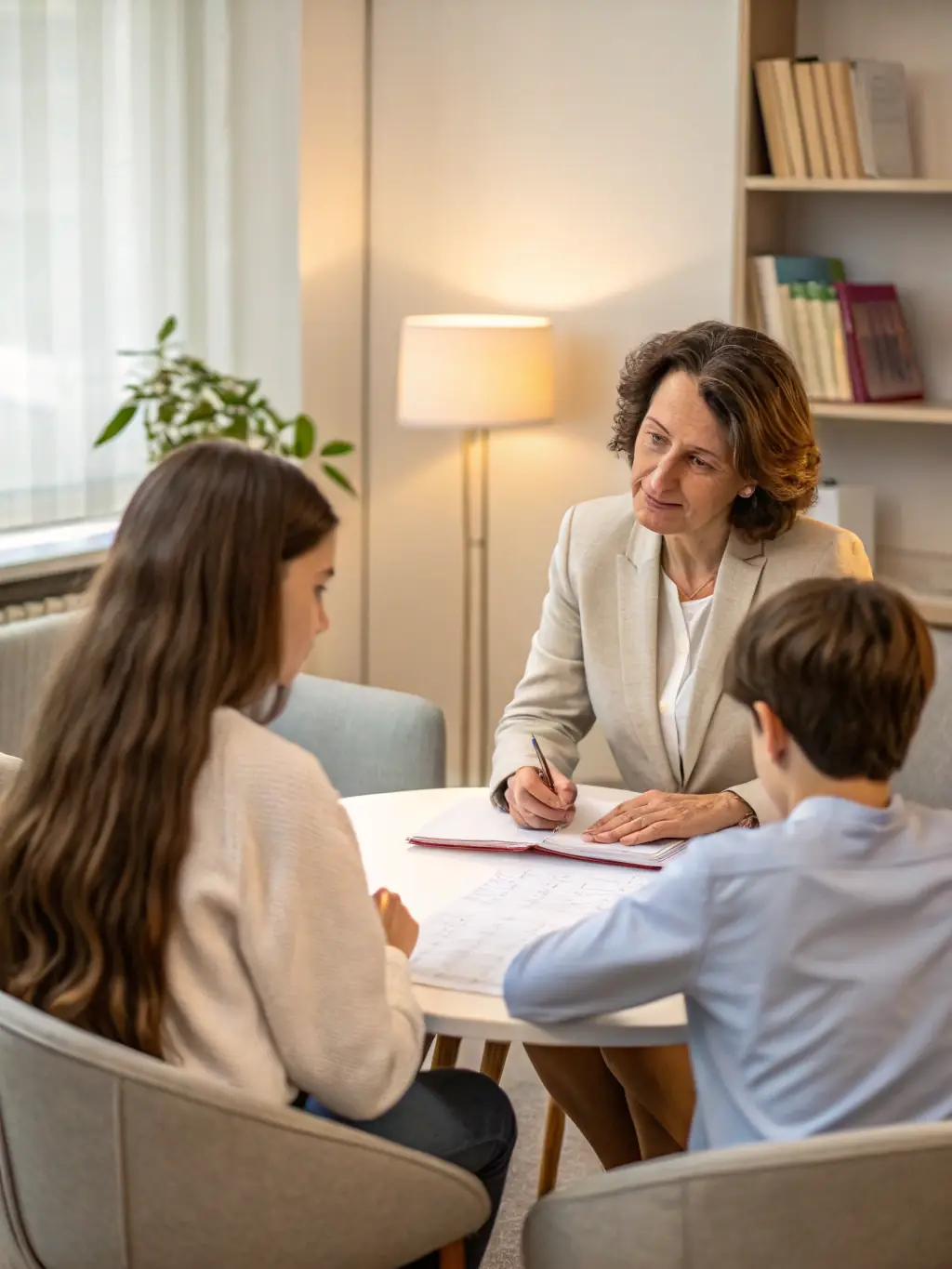 A caring attorney discussing legal options with a family in a comfortable office environment, representing Johnson & Morales Law Group's family law services.