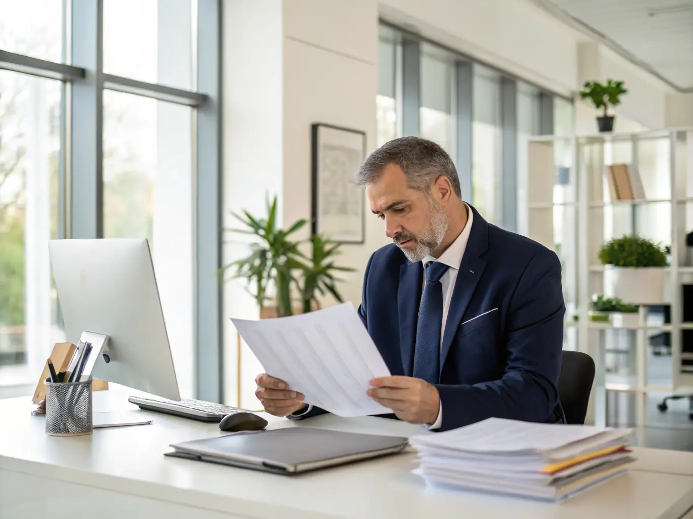 A professional lawyer in a suit, reviewing documents related to a personal injury case in a well-lit office, symbolizing the firm's expertise in personal injury law.