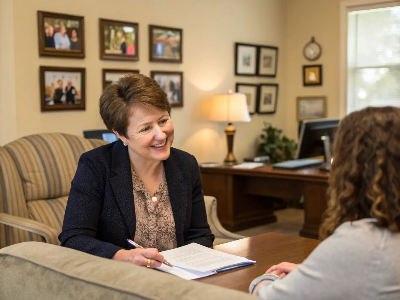 A compassionate attorney sitting across from a client in a comfortable office setting, discussing family law matters with empathy and understanding.