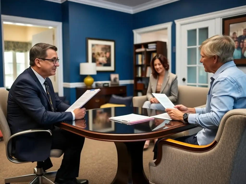 A lawyer reviewing estate planning documents such as wills and trusts, with a focus on securing assets and planning for the future.